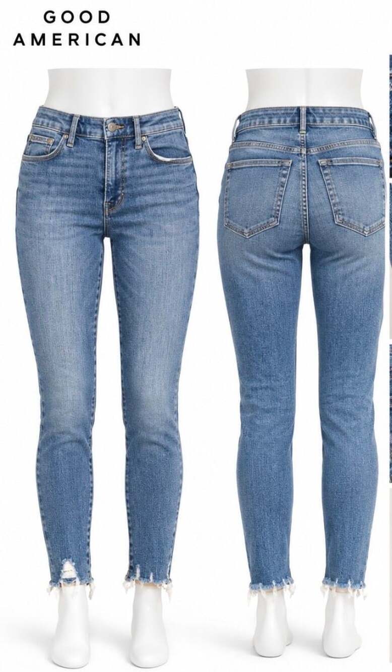 Good American Distressed Raw Hem Skinny Jeans Size 6/28 Cropped Stretch Denim